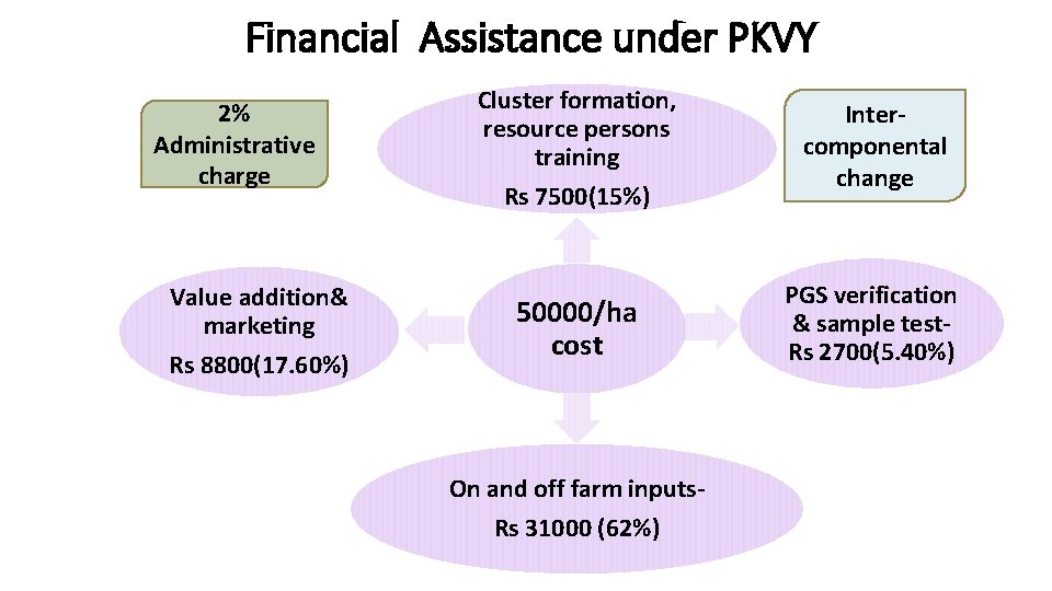 Financial Assistance under PKVY 2% Administrative charge Value addition& marketing Rs 8800(17. 60%) Cluster
