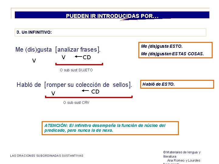 PUEDEN IR INTRODUCIDAS POR… 3. Un INFINITIVO: Me (dis)gusta [analizar frases]. V V CD