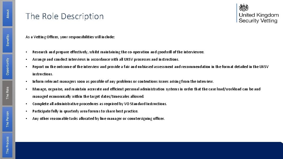 About Benefits As a Vetting Officer, your responsibilities will include: The Process The Person