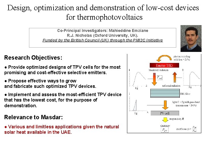 Design, optimization and demonstration of low-cost devices for thermophotovoltaics Co-Principal Investigators: Mahieddine Emziane R.