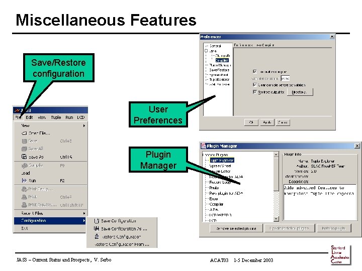 Miscellaneous Features Save/Restore configuration User Preferences Plugin Manager JAS 3 – Current Status and