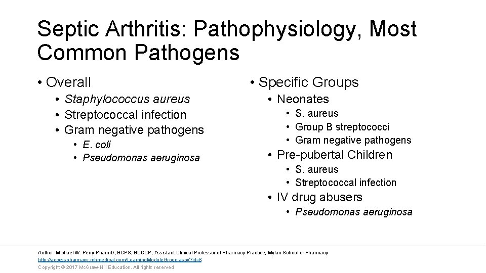 Septic Arthritis: Pathophysiology, Most Common Pathogens • Overall • Staphylococcus aureus • Streptococcal infection