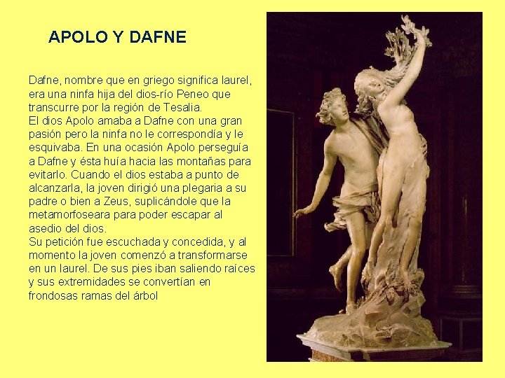 APOLO Y DAFNE Dafne, nombre que en griego significa laurel, era una ninfa hija