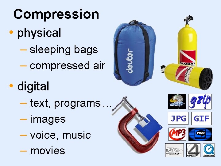 Compression • physical – sleeping bags – compressed air • digital – text, programs