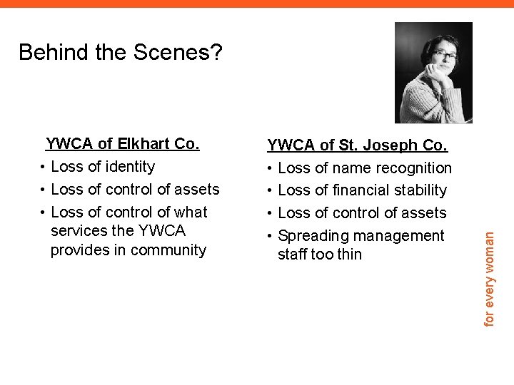 YWCA of Elkhart Co. • Loss of identity • Loss of control of assets