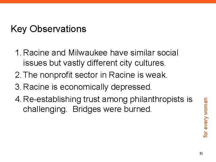 1. Racine and Milwaukee have similar social issues but vastly different city cultures. 2.