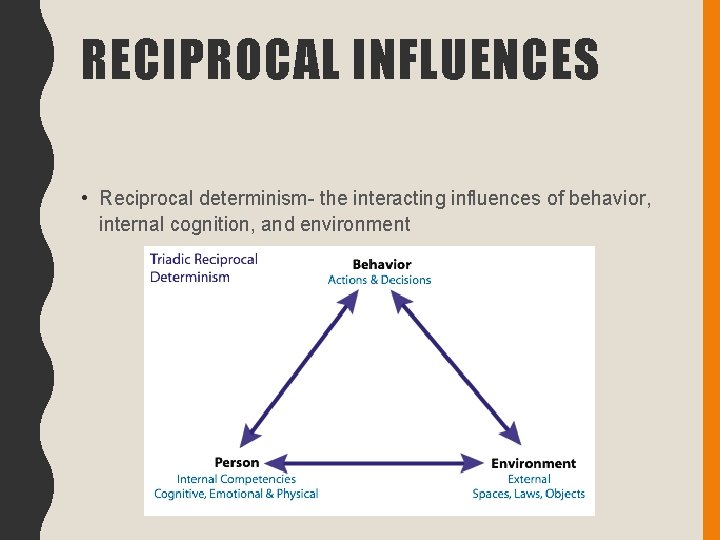 RECIPROCAL INFLUENCES • Reciprocal determinism- the interacting influences of behavior, internal cognition, and environment