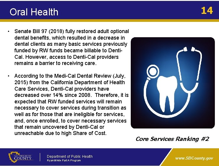 Oral Health 14 • Senate Bill 97 (2018) fully restored adult optional dental benefits,