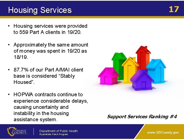 Housing Services 17 • Housing services were provided to 559 Part A clients in