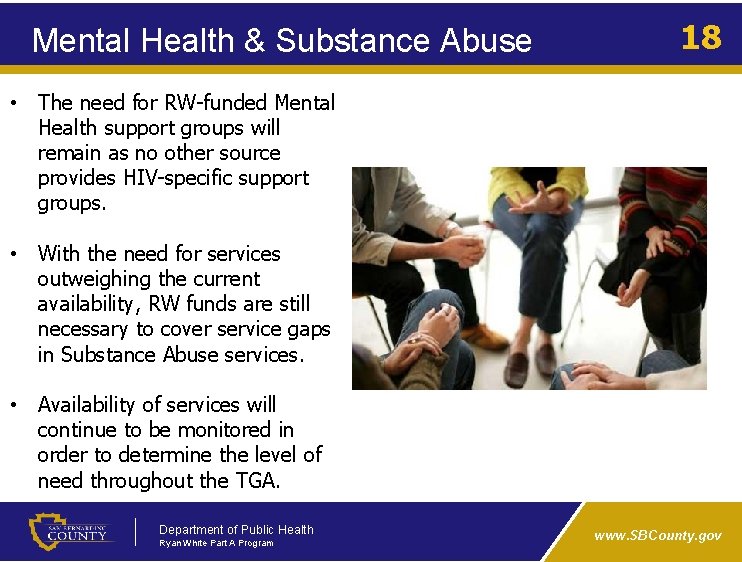 Mental Health & Substance Abuse 18 • The need for RW-funded Mental Health support