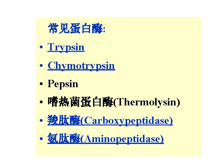 常见蛋白酶: • Trypsin • Chymotrypsin • Pepsin • 嗜热菌蛋白酶(Thermolysin) • 羧肽酶(Carboxypeptidase) • 氨肽酶(Aminopeptidase) 7