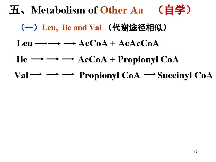 五、Metabolism of Other Aa （自学） （一）Leu, Ile and Val （代谢途径相似） Leu Ac. Co. A