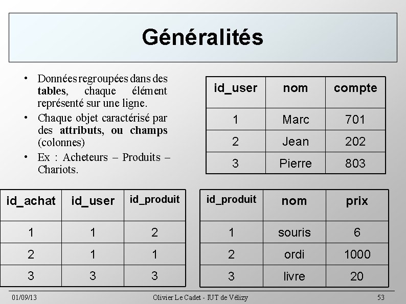 Généralités • Données regroupées dans des tables, chaque élément représenté sur une ligne. •
