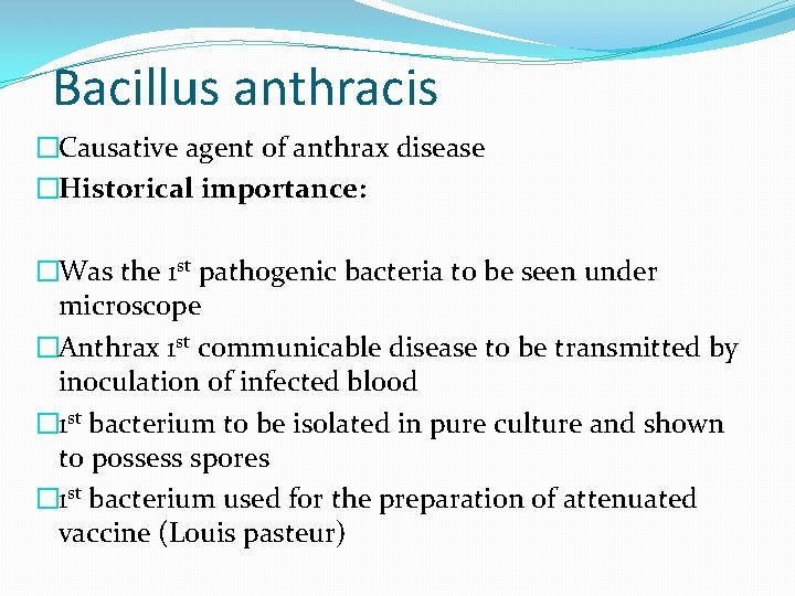 Bacillus anthracis �Causative agent of anthrax disease �Historical importance: �Was the 1 st pathogenic