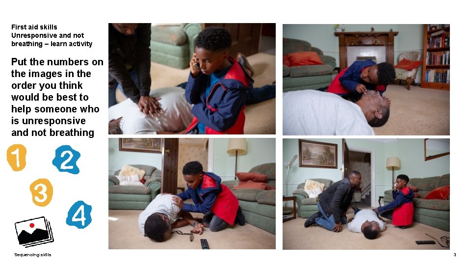 First aid skills Unresponsive and not breathing – learn activity Put the numbers on