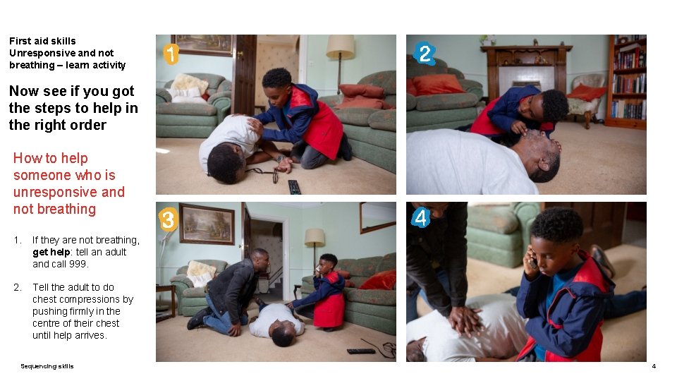 First aid skills Unresponsive and not breathing – learn activity Now see if you