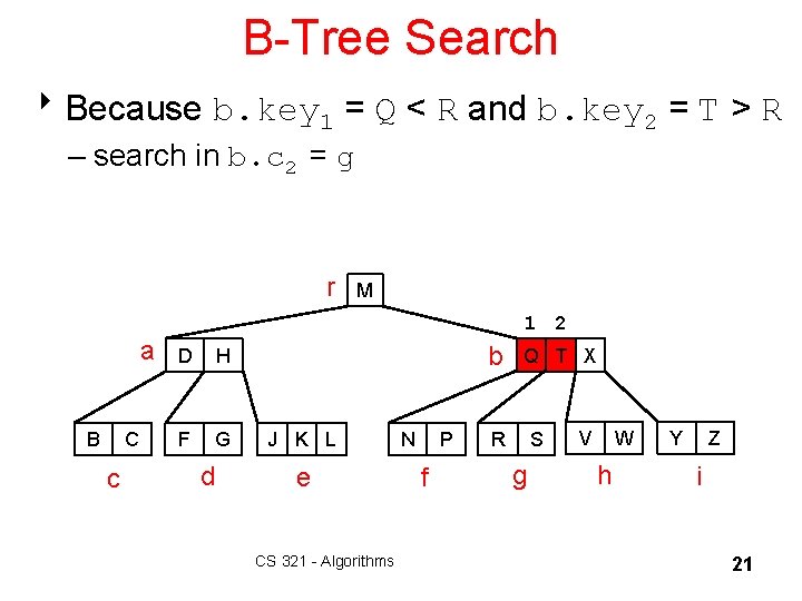 B-Tree Search 8 Because b. key 1 = Q < R and b. key