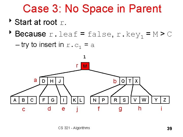 Case 3: No Space in Parent 8 Start at root r. 8 Because r.