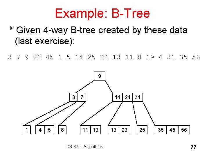 Example: B-Tree 8 Given 4 -way B-tree created by these data (last exercise): 3