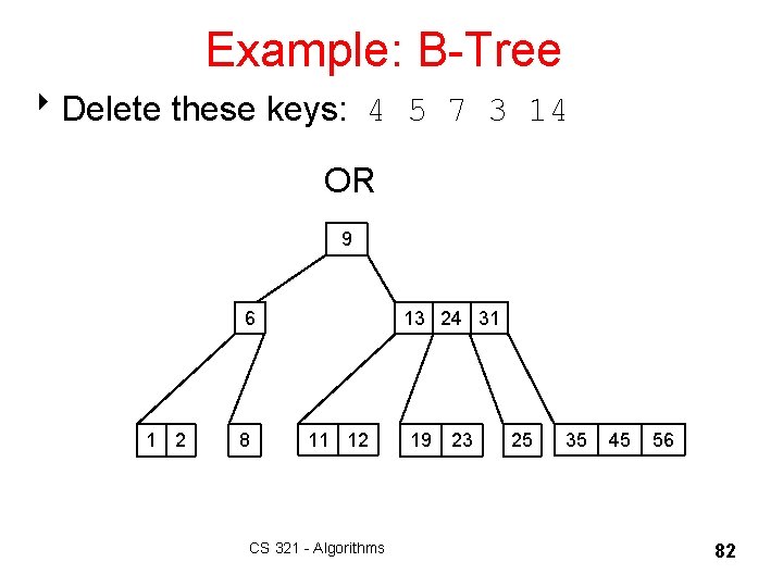 Example: B-Tree 8 Delete these keys: 4 5 7 3 14 OR 9 6