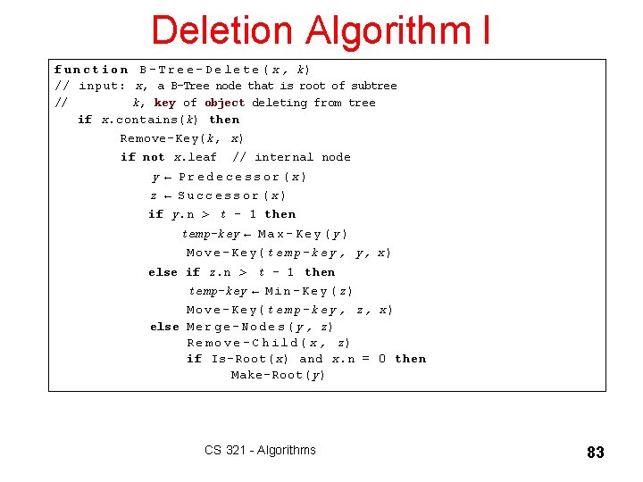 Deletion Algorithm I f u n c t i o n B - T