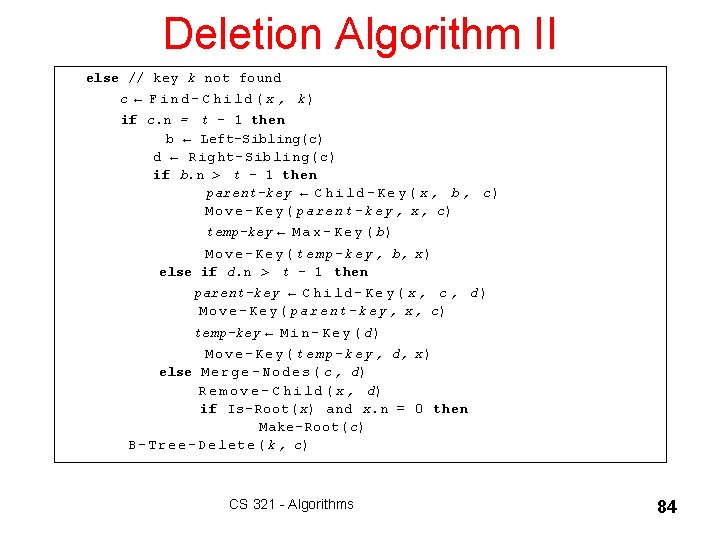 Deletion Algorithm II else // key k not found c ← Find-Child(x, k) if