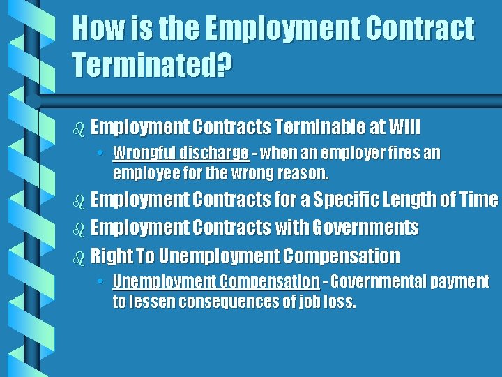 How is the Employment Contract Terminated? b Employment Contracts Terminable at Will • Wrongful