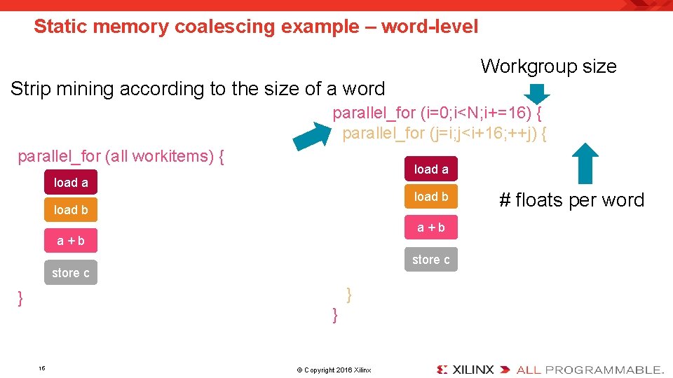 Static memory coalescing example – word-level Workgroup size Strip mining according to the size