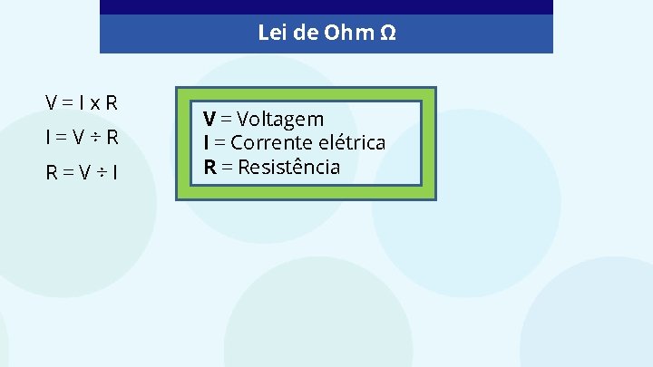 Lei de Ohm Ω V=Ix. R I=V÷R R=V÷I V = Voltagem I = Corrente