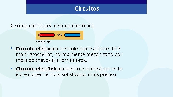 Circuitos Circuito elétrico vs. circuito eletrônico © Getty. Images • Circuito elétrico: o controle