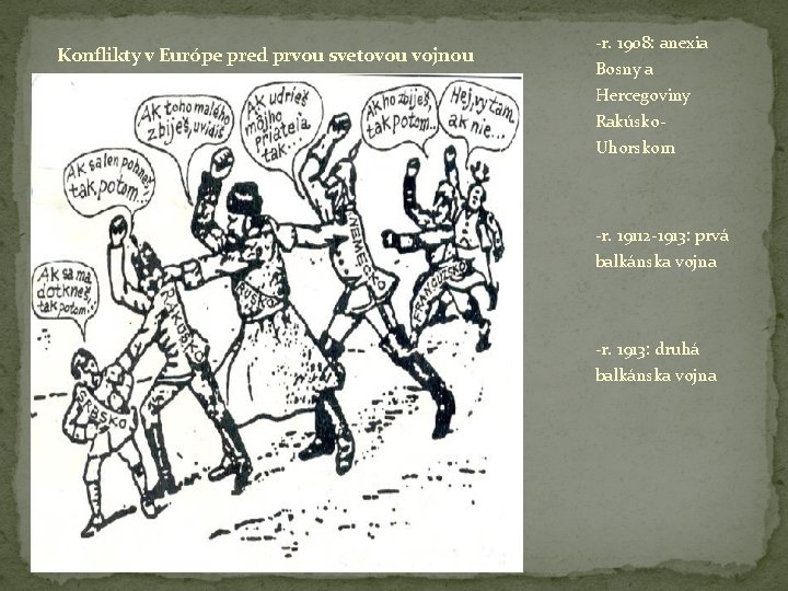 Konflikty v Európe pred prvou svetovou vojnou -r. 1908: anexia Bosny a Hercegoviny Rakúsko. Konflikty v Európe pred prvou svetovou vojnou -r. 1908: anexia Bosny a Hercegoviny Rakúsko.