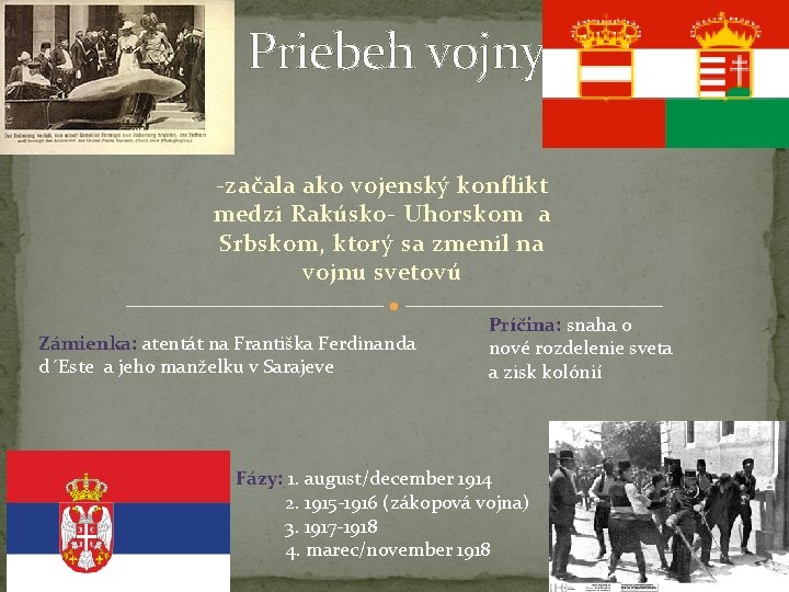 Priebeh vojny -začala ako vojenský konflikt medzi Rakúsko- Uhorskom a Srbskom, ktorý sa zmenil Priebeh vojny -začala ako vojenský konflikt medzi Rakúsko- Uhorskom a Srbskom, ktorý sa zmenil