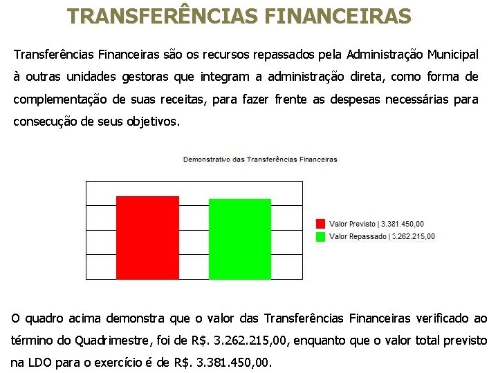 TRANSFERÊNCIAS FINANCEIRAS Transferências Financeiras são os recursos repassados pela Administração Municipal à outras unidades