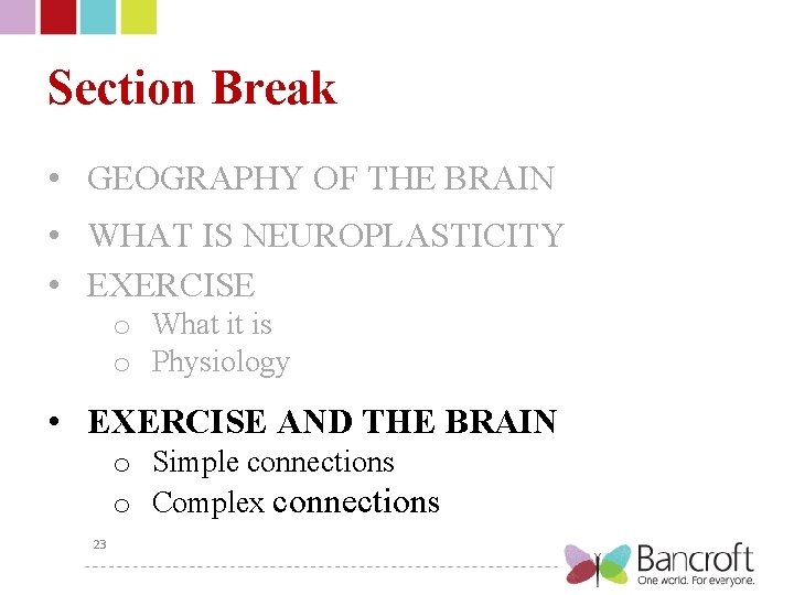 Section Break • GEOGRAPHY OF THE BRAIN • WHAT IS NEUROPLASTICITY • EXERCISE o