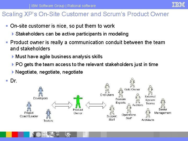 IBM Software Group | Rational software Scaling XP’s On-Site Customer and Scrum’s Product Owner