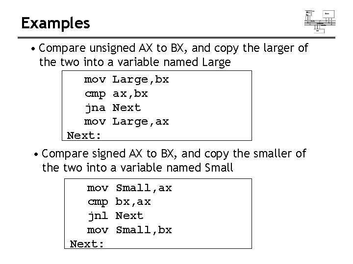 Examples • Compare unsigned AX to BX, and copy the larger of the two