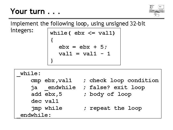 Your turn. . . Implement the following loop, using unsigned 32 -bit integers: while(
