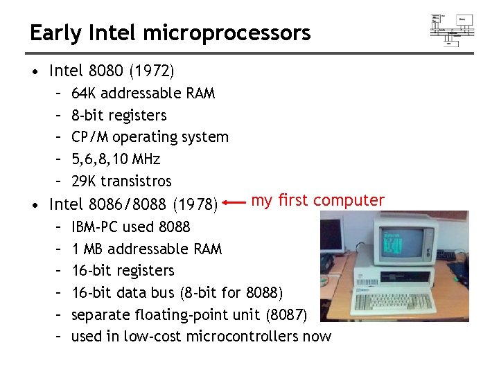 Early Intel microprocessors • Intel 8080 (1972) – – – 64 K addressable RAM