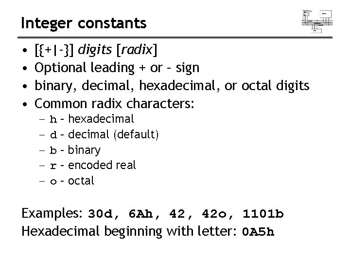 Integer constants • • [{+|-}] digits [radix] Optional leading + or – sign binary,