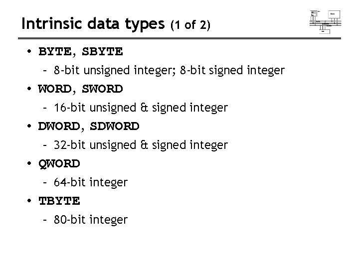 Intrinsic data types (1 of 2) • BYTE, SBYTE – 8 -bit unsigned integer;