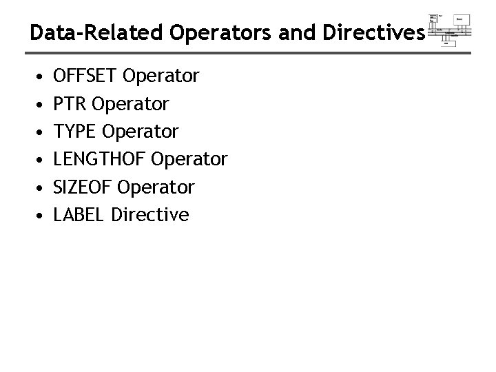 Data-Related Operators and Directives • • • OFFSET Operator PTR Operator TYPE Operator LENGTHOF