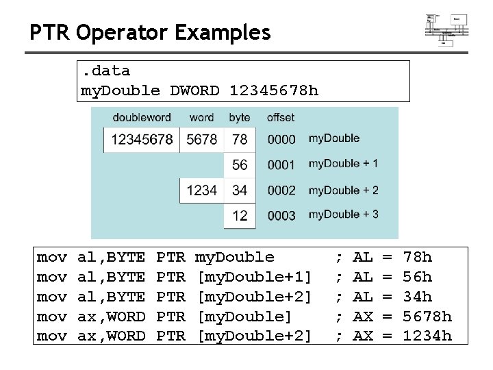 PTR Operator Examples. data my. Double DWORD 12345678 h mov mov mov al, BYTE