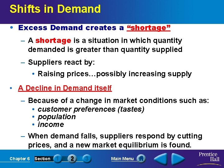 Shifts in Demand • Excess Demand creates a “shortage” – A shortage is a