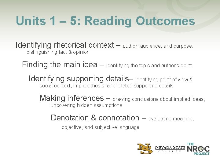 Units 1 – 5: Reading Outcomes Identifying rhetorical context – author, audience, and purpose;