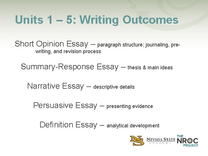 Units 1 – 5: Writing Outcomes Short Opinion Essay – paragraph structure; journaling, prewriting,