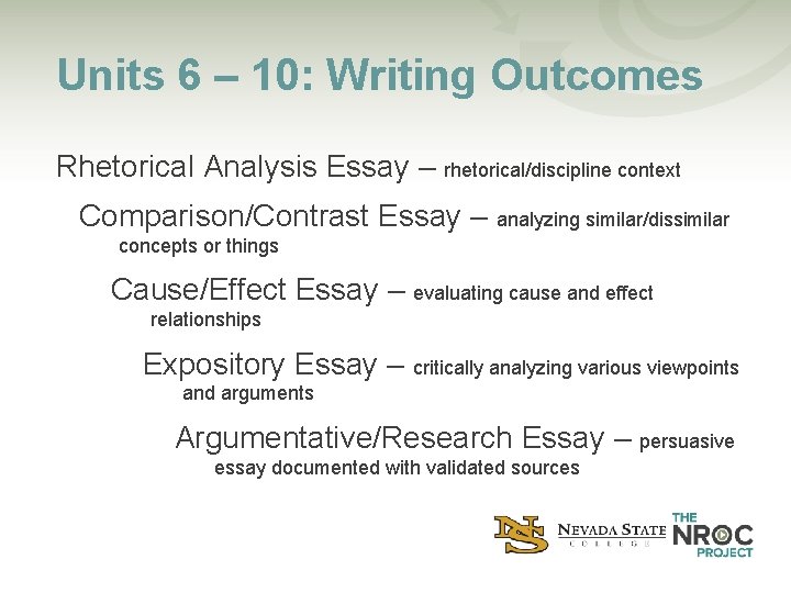 Units 6 – 10: Writing Outcomes Rhetorical Analysis Essay – rhetorical/discipline context Comparison/Contrast Essay
