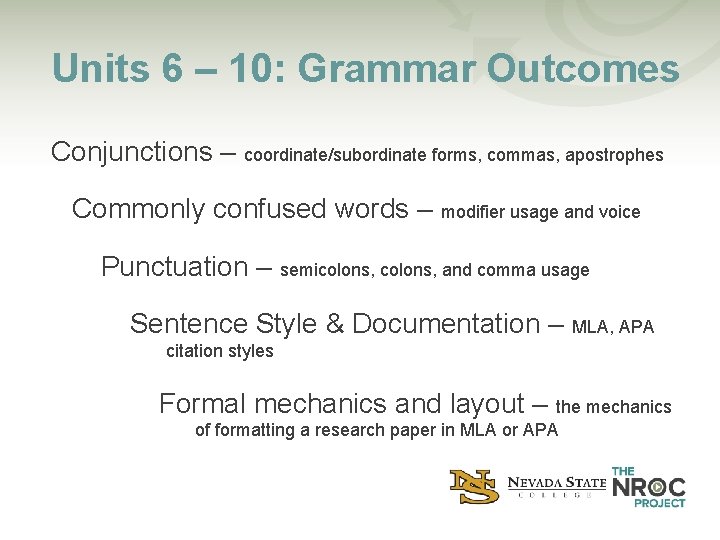 Units 6 – 10: Grammar Outcomes Conjunctions – coordinate/subordinate forms, commas, apostrophes Commonly confused