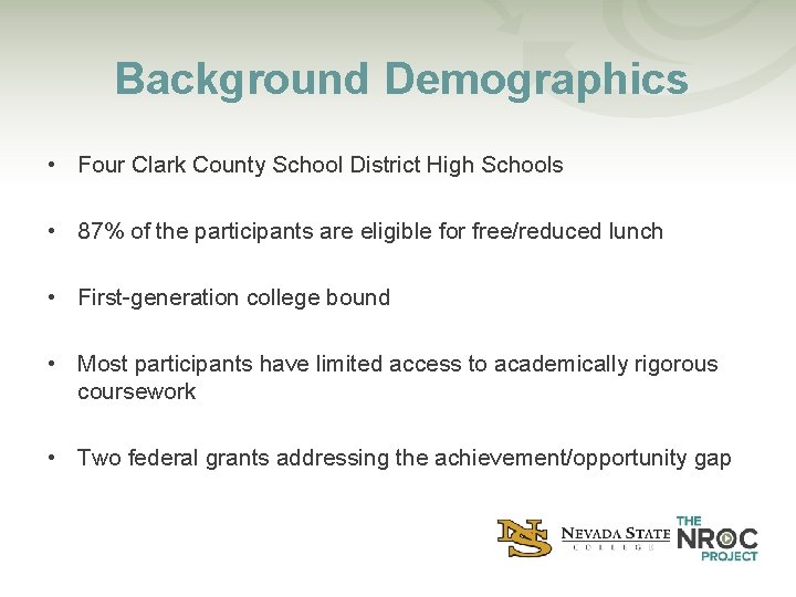 Background Demographics • Four Clark County School District High Schools • 87% of the