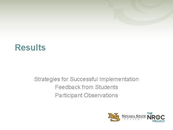 Results Strategies for Successful Implementation Feedback from Students Participant Observations 