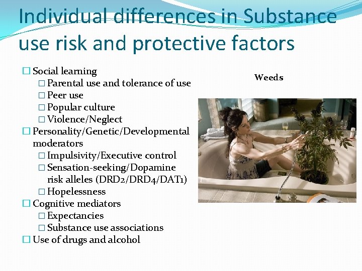 Individual differences in Substance use risk and protective factors � Social learning � Parental